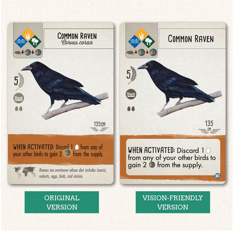 Standard and vision-friendly versions of the Wingspan game card for the Common Raven. The vision-friendly card has larger text. Some graphical elements of the card have been tweaked to improve contrast.