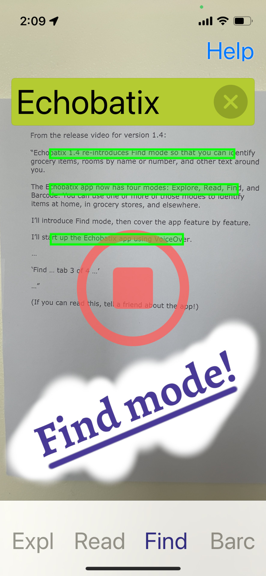 The Echobatix app finds the word "Echobatix" multiple times on a printed sheet of paper